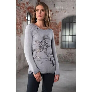 Dolcezza Light Gray Star Printed Round Neck Pullover Sweater L